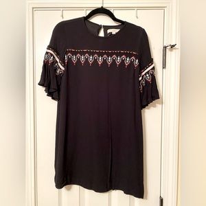 Loft Black Orange Embroidered Geometric Shift Dress Ruffle